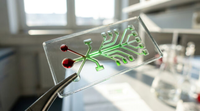 Lab chip diagnostic concept microfluidic device green chip laboratory glass scientific research medical test biotechnology microscope slide