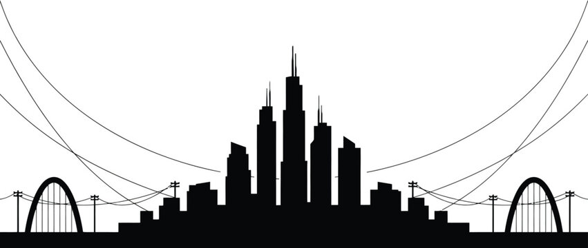 Milan skyline silhouette with arches and power lines italy