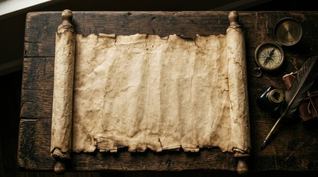 Old Vintage Parchment Scroll on Wooden Desk with Compass and Quill grocery bag