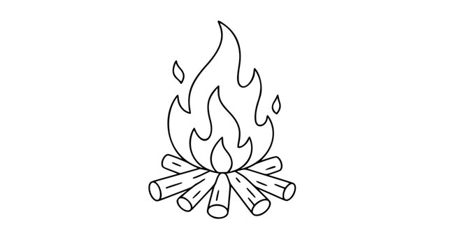 A clean black and white line art vector icon of a crackling bonfire with dancing flames, perfect for camping materials, outdoor adventure branding, or wilderness-themed design applications.