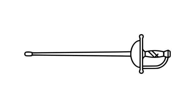 A clean black and white line art vector icon depicting an elegant fencing sword with curved guard and slender blade, fitting for sports merchandise, fencing school branding, or competitive athletics c