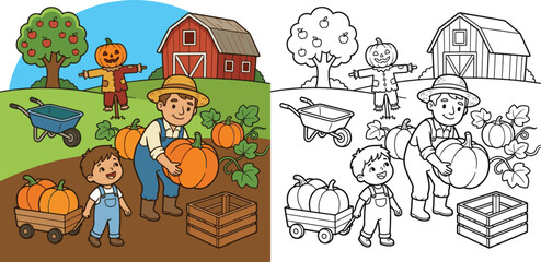 Fototapeta premium farmer harvesting giant pumpkins for autumn festival cartoon clipart and lineart print vector illustration for school educational color coloring book