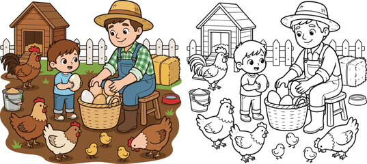 farmer collecting fresh eggs from a cozy chicken coop cartoon clipart and lineart print vector illustration for school educational color coloring book © Avijit