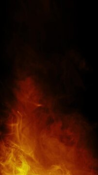 Fiery flames and smoke swirl in the darkness, creating a dramatic and intense visual effect