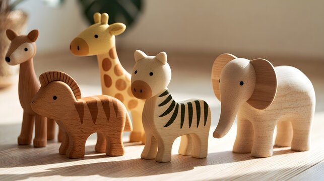 A row of wooden toy animals including zebra  elephant  giraffe and horse standing on a light wood floor under warm sunlight