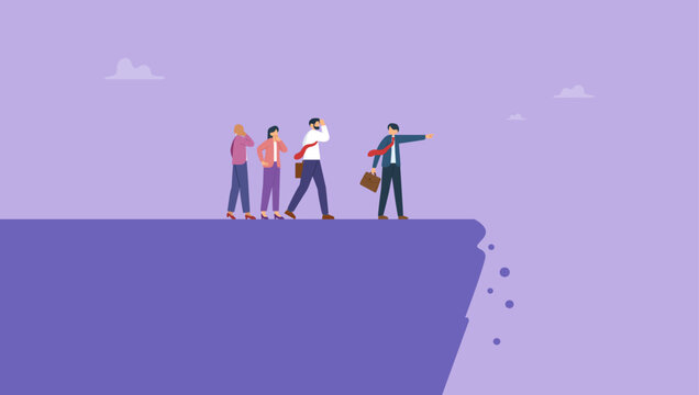 Stupid boss manager pointing order employees to jump off cliff. Wrong decision making, stupid incompetence leader or boss, mistake lead company and employees to sabotage or bad problem concept.