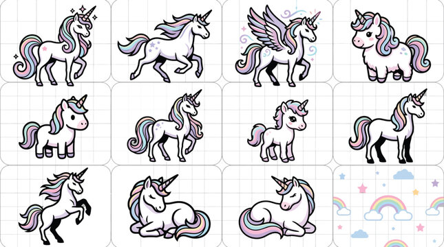 Cute unicorn collection with pastel colors and magical themes for children, fantasy, and creative design projects
