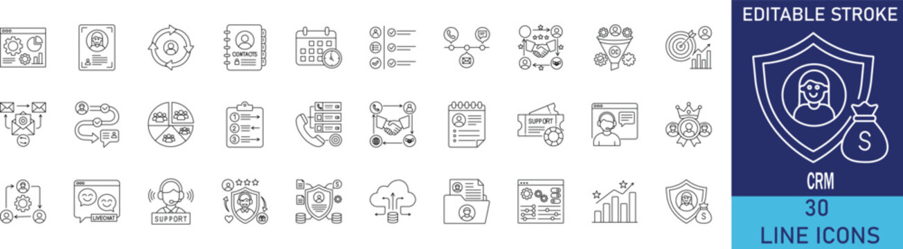 Customer relationship management CRM software and customer journey tracking line icon set. Vector symbols for client profile data, sales conversion funnel, support desk ticket, and retention automatio