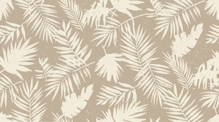 Fototapeta premium Beige Tropical Palm Leaves Seamless Pattern with Grunge Texture