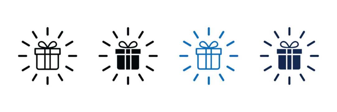 Surprise gift box icons featuring loyalty rewards, bonus packages, celebration presents, and clean minimalist vector graphics for promotions, holidays, and customer engagement.