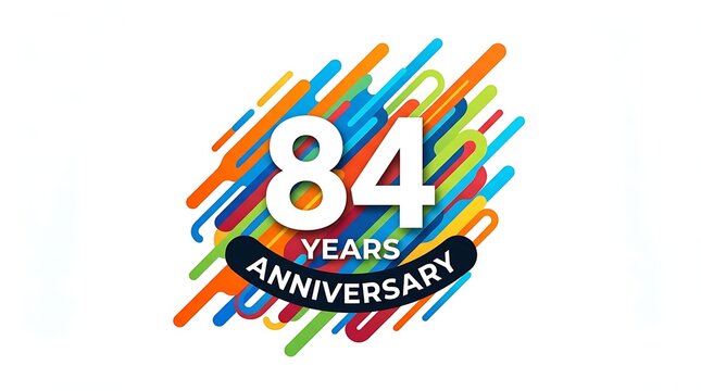 84 years anniversary celebration emblem with multicolored dynamic paint stripes