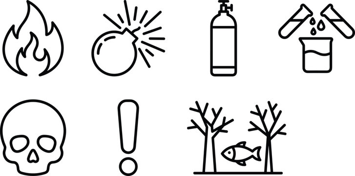 GHS Hazard Warning Outline Icon Set Featuring Flammable Flame Explosive Bomb Gas Cylinder Corrosive Acid Toxic Skull Exclamation and Environmental Danger Vectors