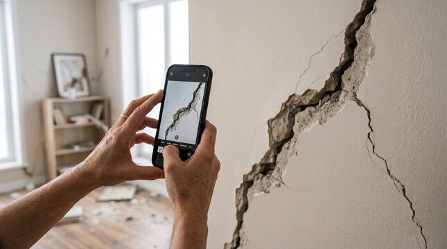 Person documents severe structural damage and a large crack in a white wall with a smartphone in an earthquake-damaged room, assessing home integrity after a disaster