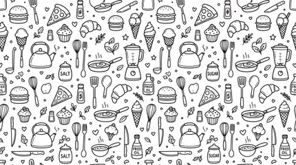 Fototapeta premium Hand drawn kitchenware and food pattern with burger pizza ice cream and cooking utensils in doodle style