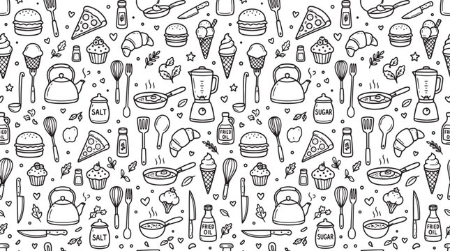 Hand drawn kitchenware and food pattern with burger pizza ice cream and cooking utensils in doodle style