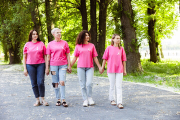 Obraz premium Women supporting breast cancer awareness wearing pink ribbons