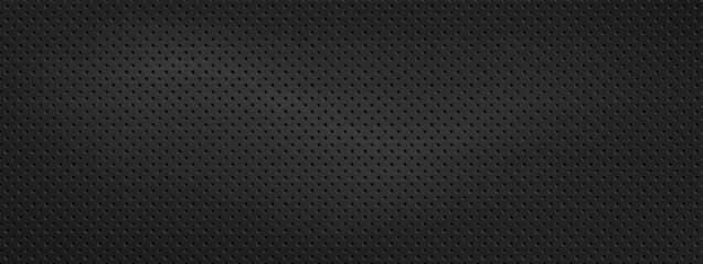 Fototapeta na wymiar Dark perforated metal texture with black carbon fiber and micro holes. Seamless grey speaker grate pattern on modern background. Matte vector metal mesh panel with perforated grid for audio design