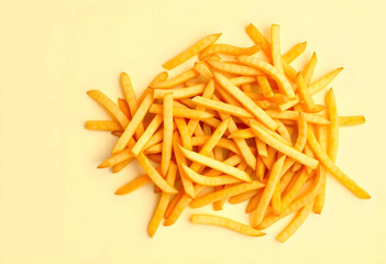 Fototapeta premium Scattered French fries on yellow background