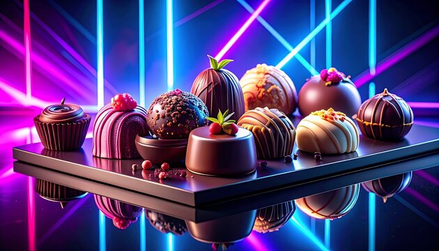 Assorted chocolates on a tray neon.