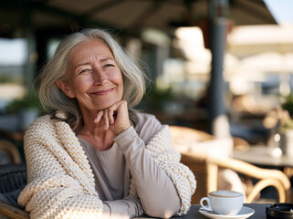 Fototapeta premium Happy senior woman enjoying coffee at an outdoor cafe