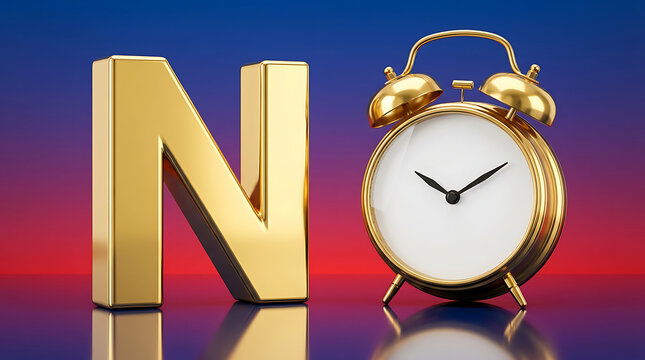 Golden Letter N Standing Beside A Shiny Vintage Alarm Clock On A Vibrant Gradient Background