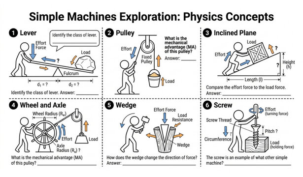 Physics Simple Machines Educational Question Template with Stick Figures EPS Vector Illustration