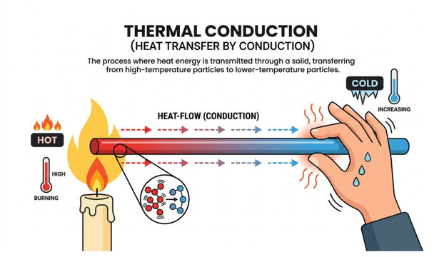 Thermal Conduction Heat Transfer Through Metal Rod with Candle Flame Educational EPS Vector Illustration