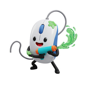 Cartoon computer mouse with water gun shooting green liquid