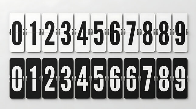 Mechanical flip board display numbers 0-9 in black and white, clean retro design, a set of two counters for counting