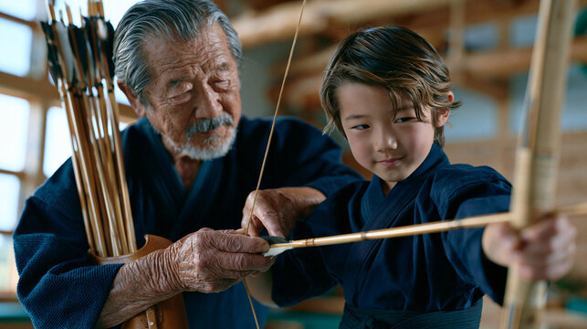 Kyudo master instructing young student through correct releasing technique, aged hands gently adjusting grip position on bamboo bow, dojo interior calm and spare, arrows standing upright in leather 