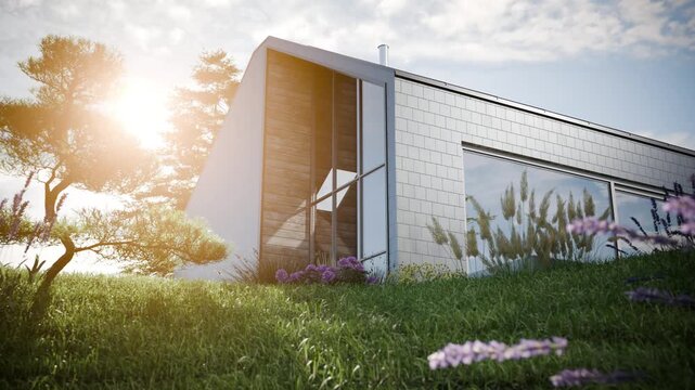 Modern Scandinavian Barn House Exterior with Blooming Garden &ndash; Slow Camera Slide Forward, Cinematic 3D Animation