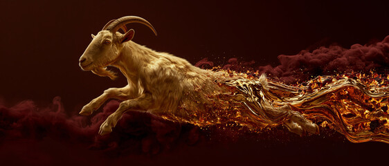 Fototapeta premium golden-furred goat leap,