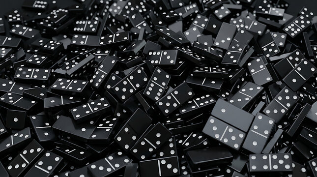A large messy pile of black domino pieces with white dots scattered background