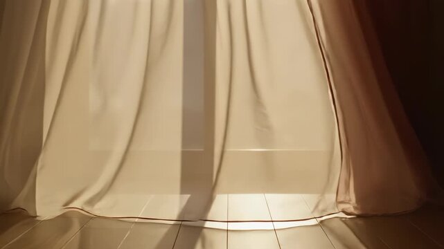 Interior view of layered translucent silk curtains in peach and beige tones with warm sunlight filtering through to cast soft shadows on a light wood plank floor background.