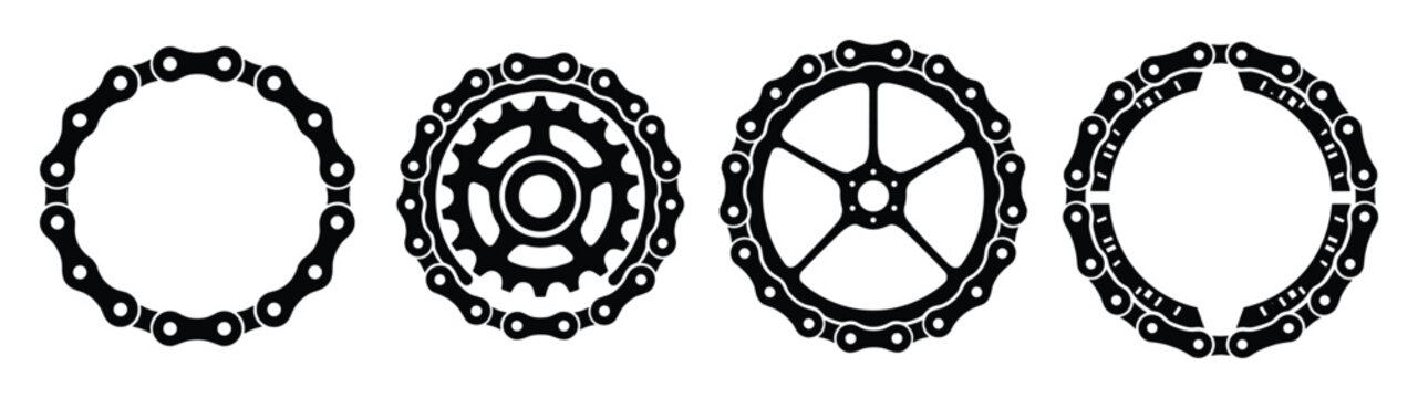 Bicycle chain circles with gears, sprockets, and abstract frames for cycling branding, sports graphics