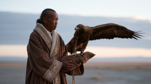 Kazakh falconer in traditional embroidered coat releasing trained golden eagle from leather gauntlet on open steppe at early morning, hunting heritage, nomadic cultural ceremony,