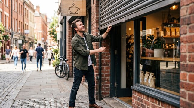 Small business owner opening coffee shop storefront shutter