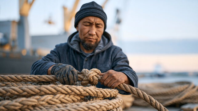 Mongolian nautical rigger inspecting braided rope coils on industrial dock at blue hour, weathered hands testing tension knots, port logistics, heavy marine equipment, Central