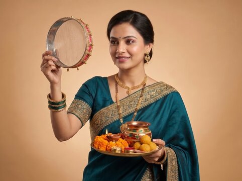 Beautiful Indian Woman Celebrating Karwa Chauth Festival Holding Traditional Sieve and Puja Thali