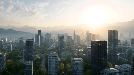 Obraz premium Modern urban landscape at sunrise with interconnected skyscrapers and distant mountain ranges under a hazy sky