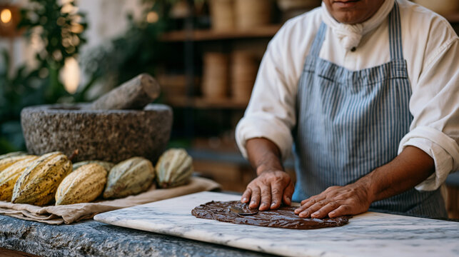 Colombian master chocolatier tempering single-origin cacao paste on marble slab in artisan confectionery workshop as autumn harvest cacao pods are arranged beside stone metate