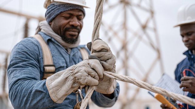 Nigerian electrical engineer splicing high-voltage cable junction in outdoor substation during overcast harmattan season with insulating gloves and safety harness secured to