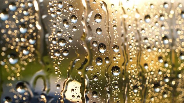 Macro close-up of water droplets on a clear glass window with warm golden sunlight filtering through, creating a soft bokeh effect and blurred background reflections.