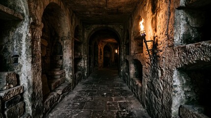 Naklejka premium Catacombs, Medieval, Environment with medieval catacombs with covered floors, with torches inside the cave