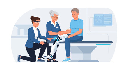 Fototapeta premium Elderly patient with robotic prosthetic leg assisted by medical professionals