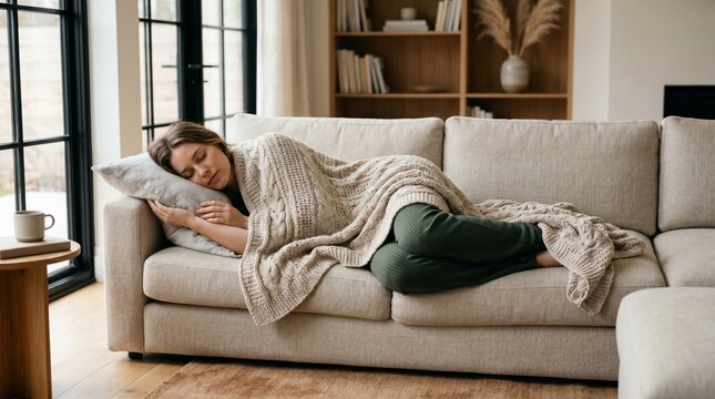 Peaceful Young Woman Sleeping Comfortably Under a Warm Knitted Blanket on a Cozy Sofa in a Bright Living Room Interior