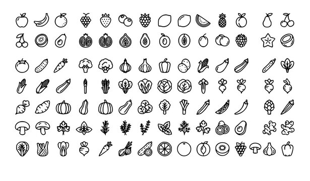 Fruits Vegetables and Berries Outline Icons Set Editable Stroke Food Vector Collection
