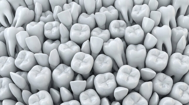 A detailed 3D render of countless white molars and incisors packed together, showcasing dental health