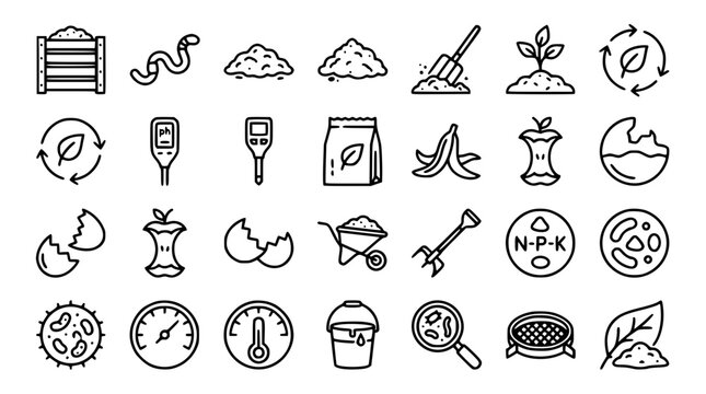 Composting icons with soil plants and tools in a clean flat style