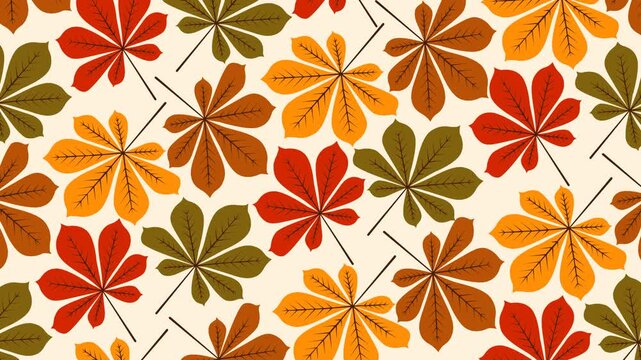 Seamless autumn pattern featuring colorful horse chestnut leaves in warm seasonal tones. Perfect looping footage for fall backgrounds, nature themes, holiday projects, presentations